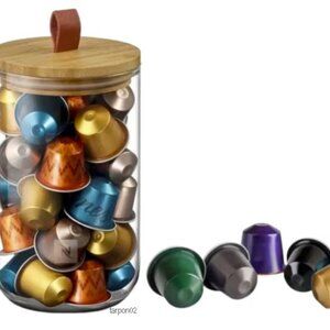 Nespresso Mini Display CAPSULE DISPENSER Glass+ Bamboo Lid Top NIB